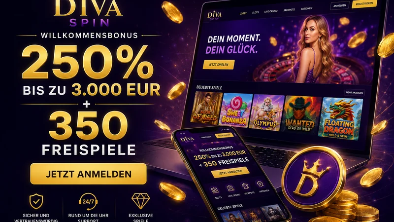 Diva Spin Casino Startseite mit Willkommenspaket von 250 Prozent bis 3.000 Euro