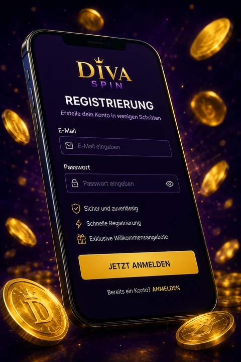 Registrierungsformular von Diva Spin auf dem Smartphone mit E-Mail und Passwort