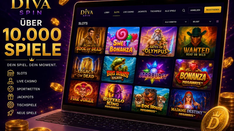 Spielauswahl von Diva Spin mit über 10.000 Slots und Tischspielen