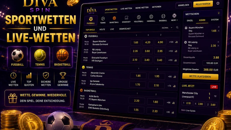 Sportwetten bei Diva Spin mit Quoten für Fußball, Tennis und Basketball